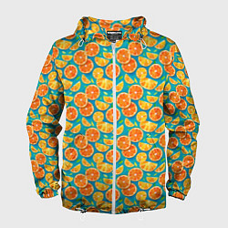 Ветровка с капюшоном мужская Дольки апельсина на синем фоне, цвет: 3D-белый