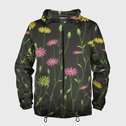 Ветровка с капюшоном мужская Полевые цветочки на темном фоне, цвет: 3D-черный