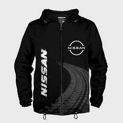 Ветровка с капюшоном мужская Nissan speed на темном фоне со следами шин: надпис, цвет: 3D-черный