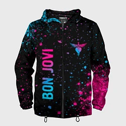 Ветровка с капюшоном мужская Bon Jovi - neon gradient: надпись, символ, цвет: 3D-черный