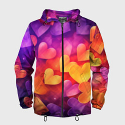Ветровка с капюшоном мужская Разноцветные сердечки, цвет: 3D-черный