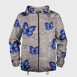 Ветровка с капюшоном мужская Газетные обрывки и синие бабочки, цвет: 3D-черный