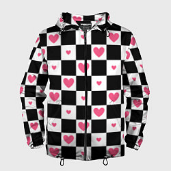 Ветровка с капюшоном мужская Розовые сердечки на фоне шахматной черно-белой дос, цвет: 3D-черный