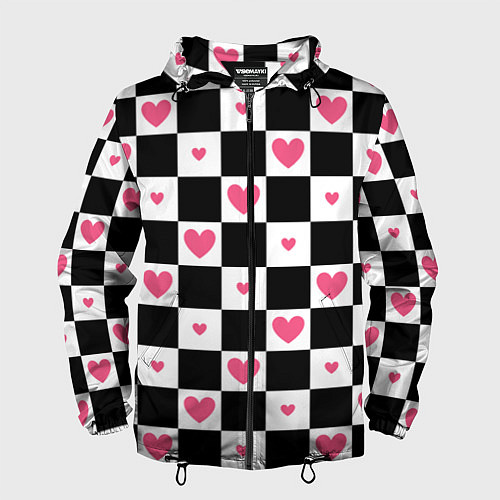 Мужская ветровка Розовые сердечки на фоне шахматной черно-белой дос / 3D-Черный – фото 1