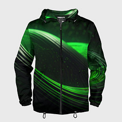 Ветровка с капюшоном мужская Зеленые абстрактные волны, цвет: 3D-черный