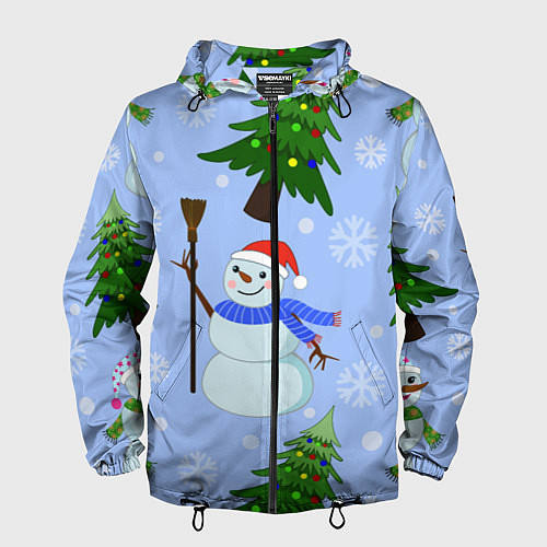 Мужская ветровка Снеговики с новогодними елками паттерн / 3D-Черный – фото 1