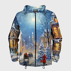 Ветровка с капюшоном мужская Новогодний городской пейзаж, цвет: 3D-черный