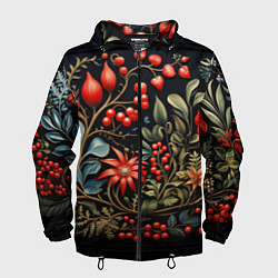 Ветровка с капюшоном мужская Новогодние ягоды и цветы, цвет: 3D-черный