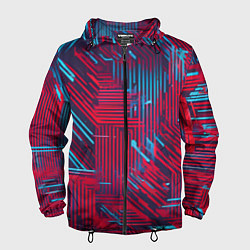 Ветровка с капюшоном мужская Киберпанк линии синие и красные, цвет: 3D-черный