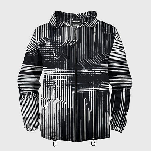 Мужская ветровка Белые полосы на чёрном фоне киберпанк / 3D-Черный – фото 1