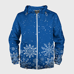 Ветровка с капюшоном мужская Текстура снежинок на синем фоне, цвет: 3D-белый