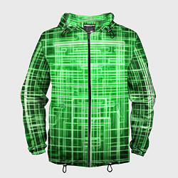 Ветровка с капюшоном мужская Зелёные неоновые полосы киберпанк, цвет: 3D-черный