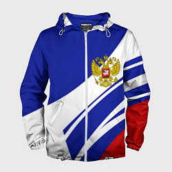 Ветровка с капюшоном мужская Герб России на абстрактных полосах, цвет: 3D-белый