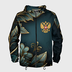 Ветровка с капюшоном мужская Золотые листья и герб России, цвет: 3D-черный