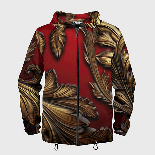 Мужская ветровка Золотые объемные листья на красном фоне / 3D-Черный – фото 1