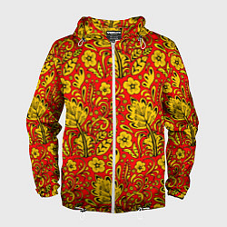 Ветровка с капюшоном мужская Хохломская роспись золотистые цветы на красном фон, цвет: 3D-белый