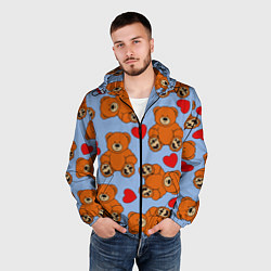Ветровка с капюшоном мужская Мишки и сердца на голубом фоне, цвет: 3D-черный — фото 2