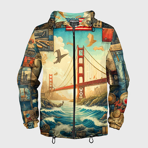 Мужская ветровка Мост через реку и пэчворк - нейросеть арт USA brid / 3D-Черный – фото 1
