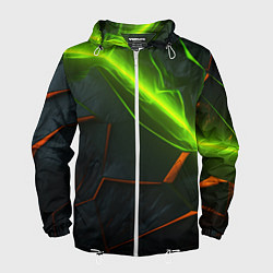 Ветровка с капюшоном мужская Green neon abstract geometry, цвет: 3D-белый