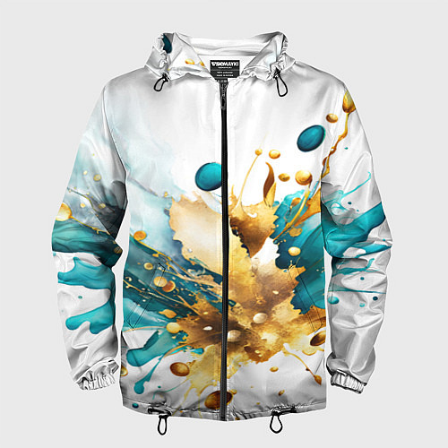 Мужская ветровка Бирюзово голубая абстракция, брызги краски на бело / 3D-Черный – фото 1