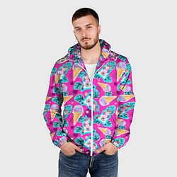Ветровка с капюшоном мужская Единорог с мороженым паттерн, цвет: 3D-белый — фото 2