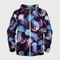 Ветровка с капюшоном мужская Светящиеся медузы, цвет: 3D-белый