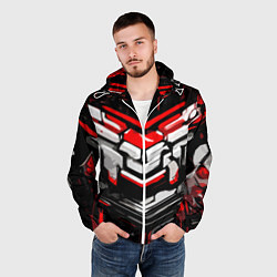 Ветровка с капюшоном мужская Красно-белая агрессивная абстракция на чёрном фоне, цвет: 3D-белый — фото 2