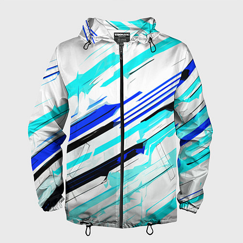 Мужская ветровка Чёрно-сине-голубые полосы на белом фоне / 3D-Черный – фото 1