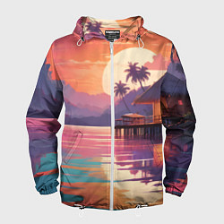 Ветровка с капюшоном мужская Летний домик пальмы закат, цвет: 3D-белый