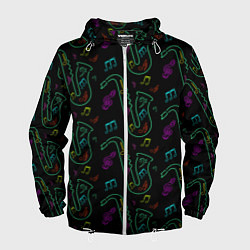 Мужская ветровка Неоновый саксофон и музыкальные ноты