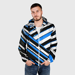 Ветровка с капюшоном мужская Бело-синие диагональные полосы на чёрном фоне, цвет: 3D-белый — фото 2