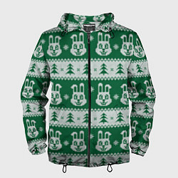 Ветровка с капюшоном мужская Вязаный зимний узор с зайцами и ёлками, цвет: 3D-черный