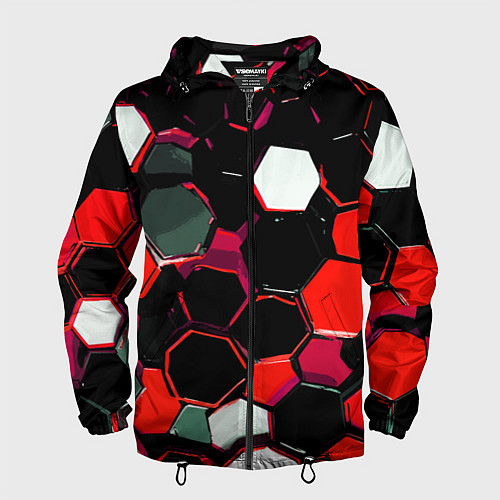 Мужская ветровка Красно-белые шестиугольники на чёрном фоне / 3D-Черный – фото 1