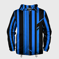 Ветровка с капюшоном мужская Толстые синие полосы на чёрном фоне, цвет: 3D-черный