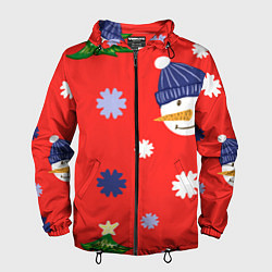 Ветровка с капюшоном мужская Новогодний узор со снеговиком и снежинками, цвет: 3D-черный