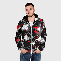 Ветровка с капюшоном мужская Красно-белый паттерн на чёрном фоне, цвет: 3D-белый — фото 2