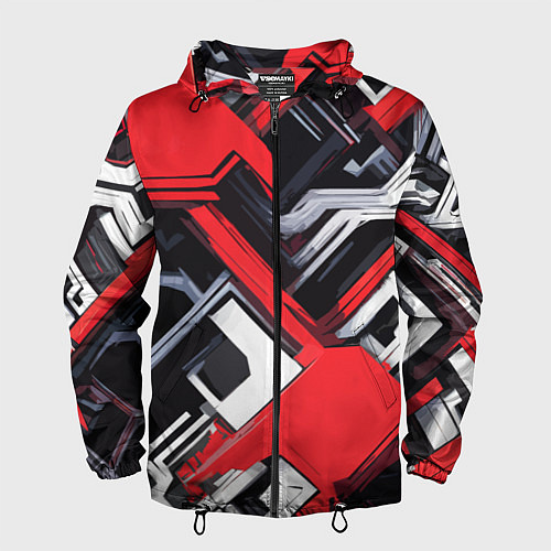 Мужская ветровка Красно-белый техно паттерн / 3D-Черный – фото 1