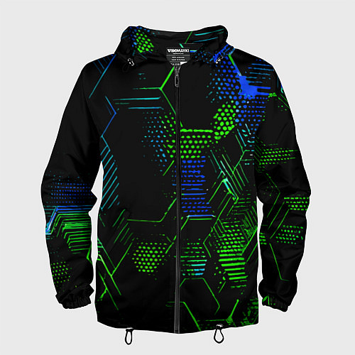 Мужская ветровка Сине-зелёные точки и линии на чёрном фоне / 3D-Черный – фото 1