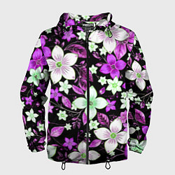 Ветровка с капюшоном мужская Фиолетово-белые цветы на чёрном фоне, цвет: 3D-черный