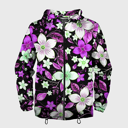 Мужская ветровка Фиолетово-белые цветы на чёрном фоне / 3D-Черный – фото 1