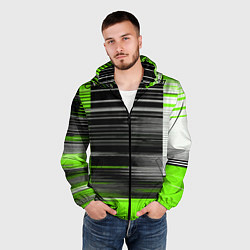 Ветровка с капюшоном мужская Белые вертикальные полосы на чёрно-зелёном фоне, цвет: 3D-черный — фото 2