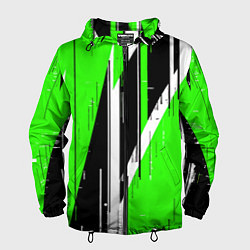 Ветровка с капюшоном мужская Чёрно-белые вертикальные полосы на зелёном фоне, цвет: 3D-черный