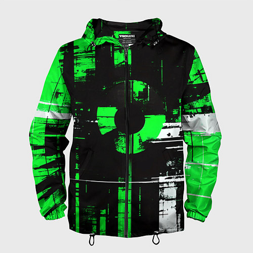 Мужская ветровка Зелёно-белый гранж на чёрном фоне / 3D-Черный – фото 1