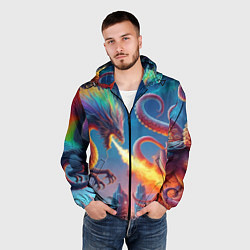 Ветровка с капюшоном мужская Огнедышащий дракон против осьминога - нейроарт фан, цвет: 3D-черный — фото 2