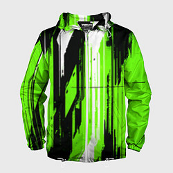 Ветровка с капюшоном мужская Вертикальные чёрно-белые линии на зелёном фоне, цвет: 3D-белый