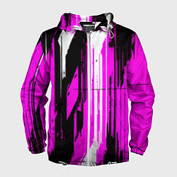 Ветровка с капюшоном мужская Вертикальные чёрно-белые линии на розовом фоне, цвет: 3D-белый