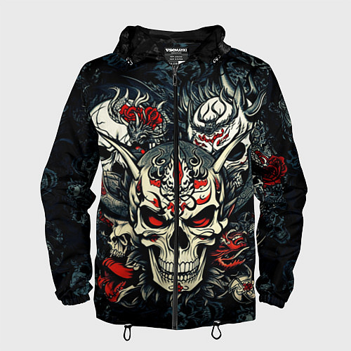 Мужская ветровка Маска Хання на черепе самурая на фоне духов / 3D-Черный – фото 1