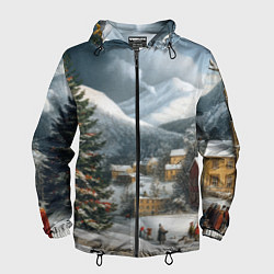 Ветровка с капюшоном мужская Новогодняя огромная елка и маленькие домики, цвет: 3D-черный