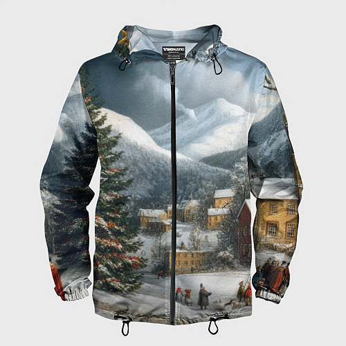 Мужская ветровка Новогодняя огромная елка и маленькие домики / 3D-Черный – фото 1