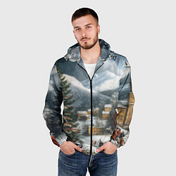 Ветровка с капюшоном мужская Новогодняя огромная елка и маленькие домики, цвет: 3D-черный — фото 2